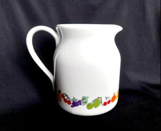 ROYAL CHINA pitcher, porcelain, fruits design, 3 ⅔ cups capacity, 5.5 in. H x 4.5 in. diameter, never used