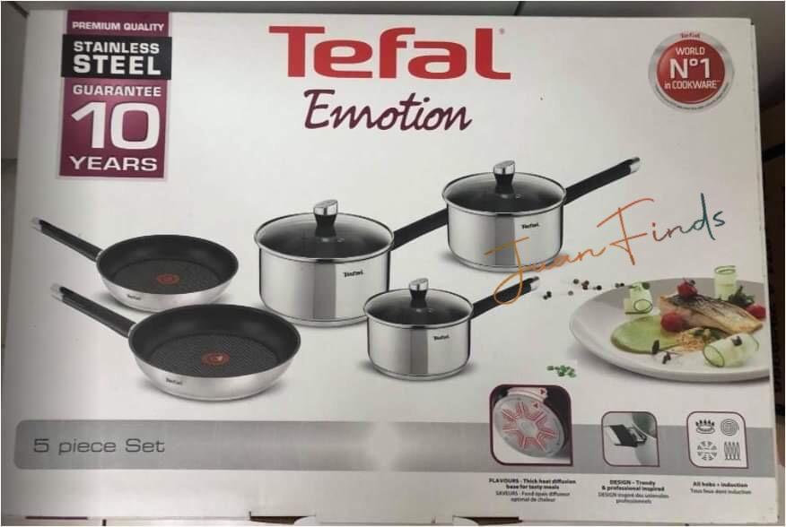 💯TEFAL EMOTION 5 PC COOKING SET WITH 3 GLASS LIDS, STAINLESS STEEL, ALL
