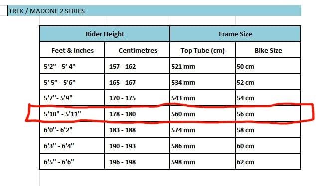 Trek madone online 2.1 size guide
