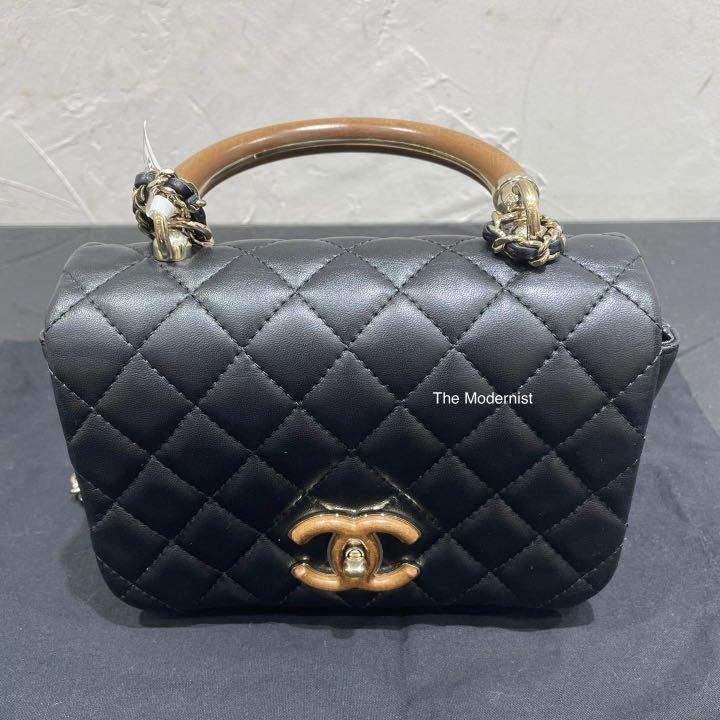 Authentic Chanel Wooden Handle Flap Bag Black