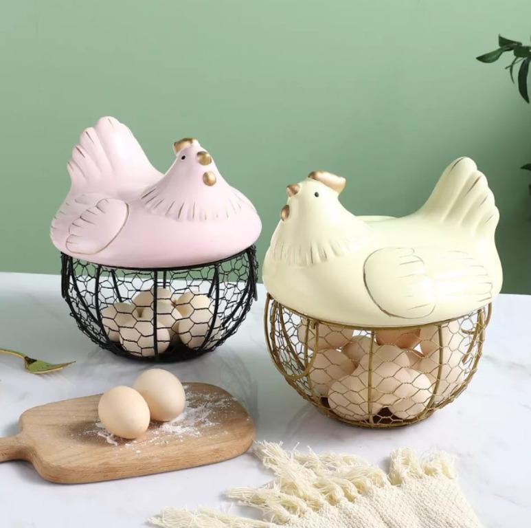 Kitchen Storage Metal Wire Egg Basket with Ceramic Farm Chicken Cover Fresh  Egg Holder/Organizer Case/Container