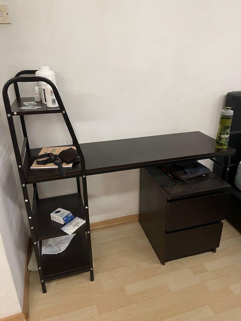 Compact Study table (Category: Tables & Sets) located in Singapore. Submitted by realdealonly (Listing ID 1118896859, Image 2). Description: Compact Study Table for sale Colour: Dark Walnut **exclude the 2 drawer shelves shown in photo** Does not come with chair when purchased. Measurements: L120XB30xH75cm(writing height). Can be dismantled for easy transport. Self arrange pick up. .