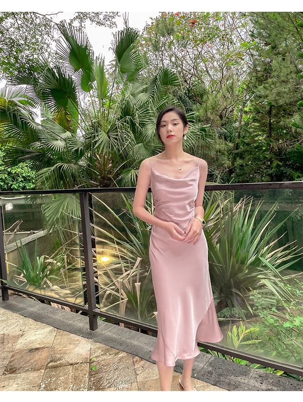 Pink cowl neck satin dress hotsell