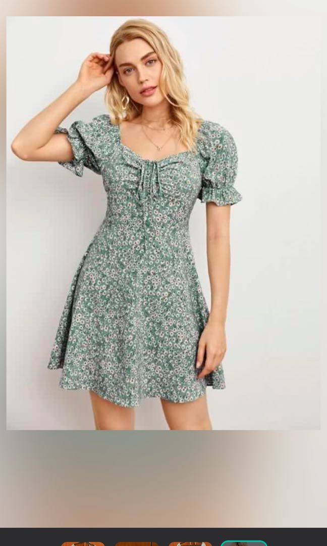 Shein Ditsy Green Puff Floral Dress 