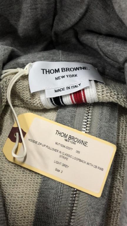 Thom Browne Light Grey Cotton Loopback Center Back Stripe Zip-Up