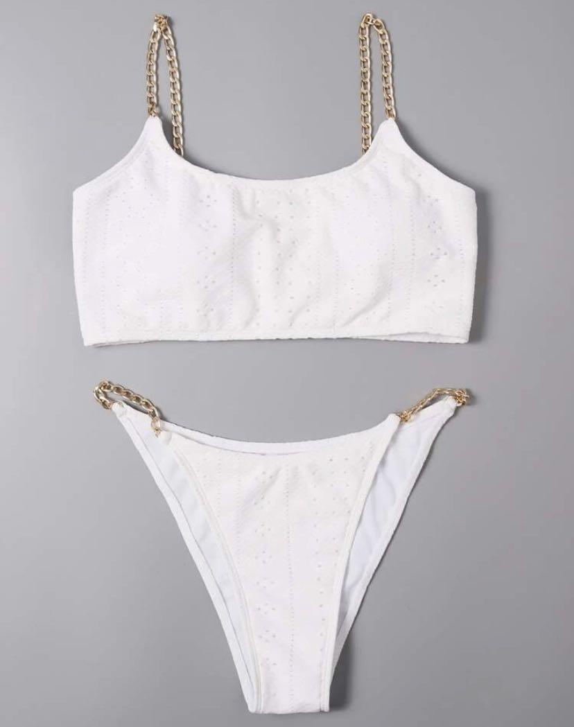 White Swimsuit Bikini with Gold Chains Shein (Category: Bikinis & Swimsuits) located in Manila. Submitted by adinkra.ph (Listing ID 1118834526, Image 1). Description: 👙brand new 👙M on tag (runs small): best fit S-M 👙RFS: bra is loose on me (I’m a 30C/32B) 👙 SRP 659 .