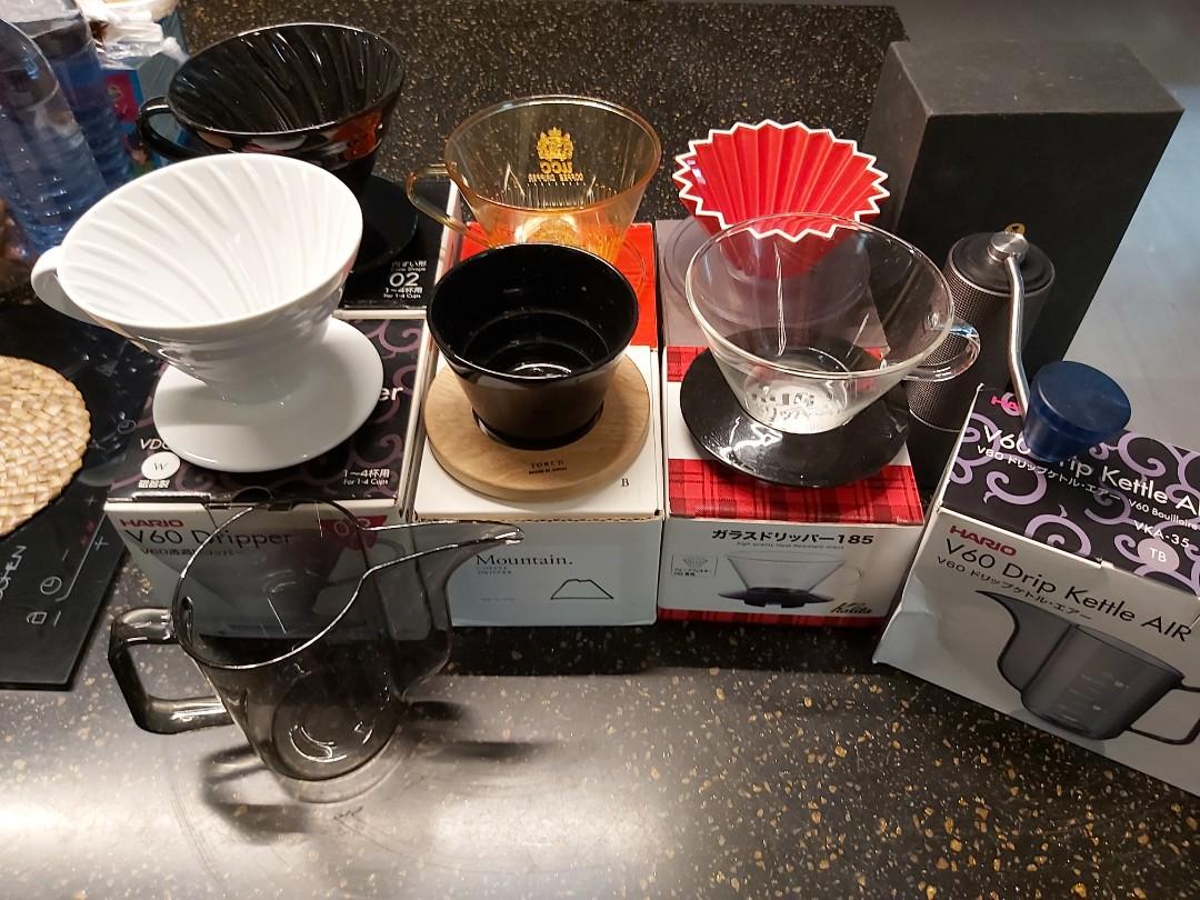 Coffee Dripper Grinder Kettle (Category: Coffee & Tea Tableware) located in Bocaue. Submitted by carloyacob (Listing ID 1119070666, Image 1). Description: Finding a new home for my slightly used and stored drippers, grinder, and kettle: Php 3,000.00 if bought as a set! White V60 Dripper Ceramic - 1000 UCC Plastic Dripper - 400 Red Origami Dripper S with Resin Holder - 2000 Ships from Bulacan on Weekdays Makati on Weekends.