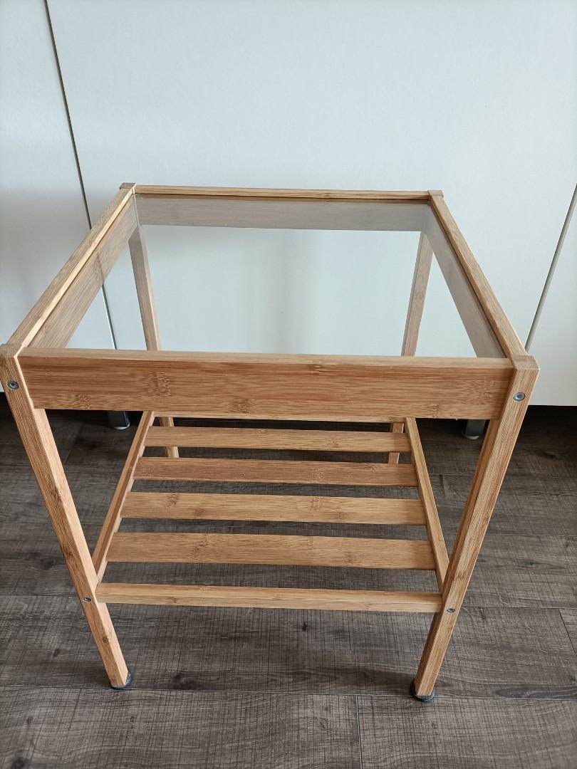 Ikea Nesna bamboo glass top bedside table, Furniture & Home Living, Furniture, Tables & Sets on