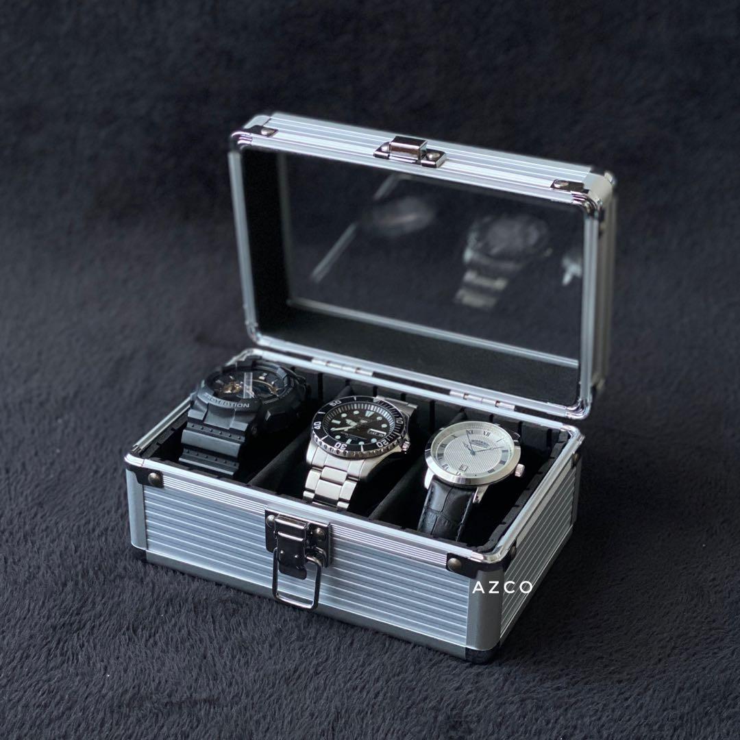 Matte Silver Aluminum Frame Watch Box 3 Slots Luxury Watches