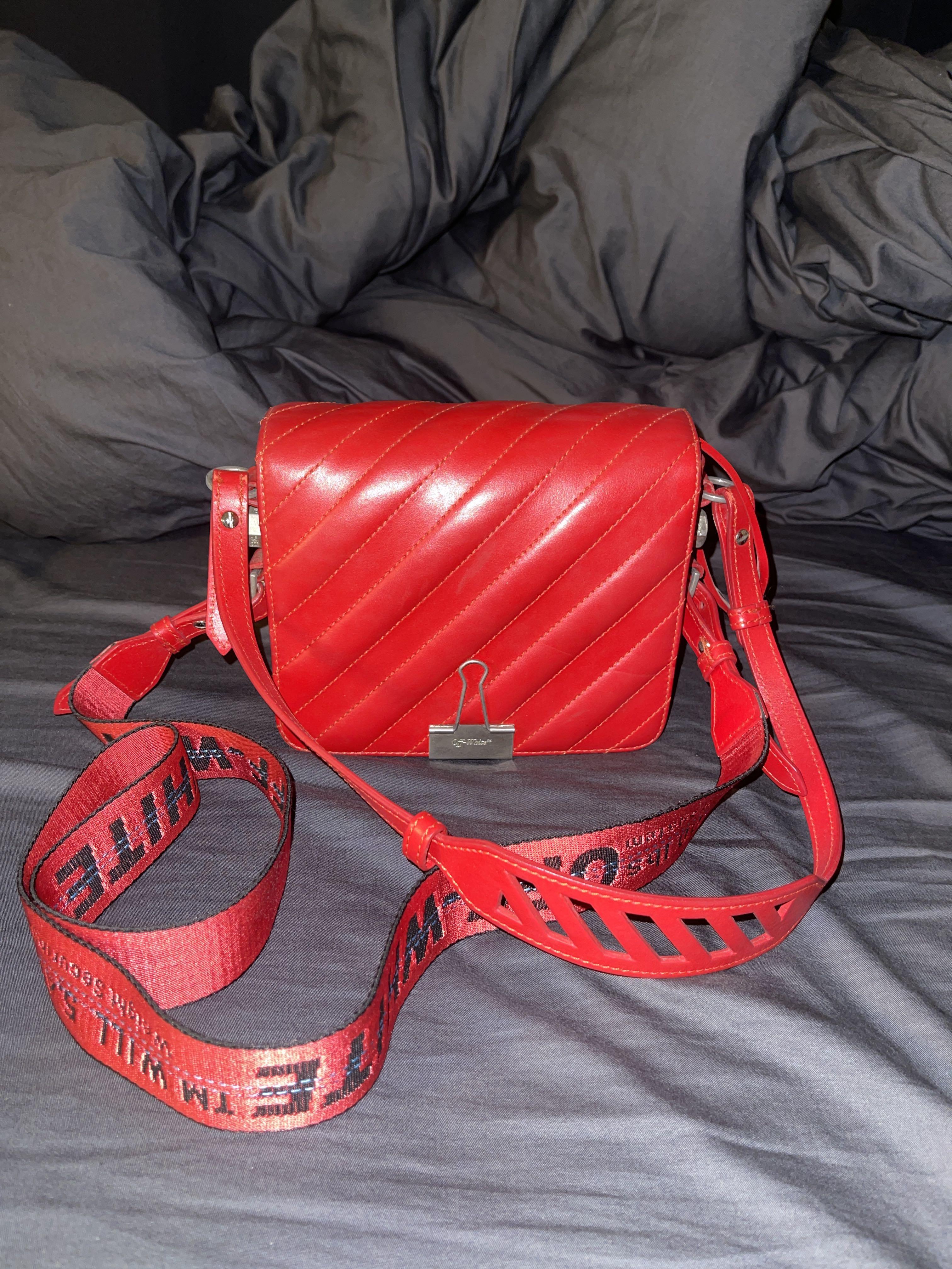 Off white red padded binder clip bag