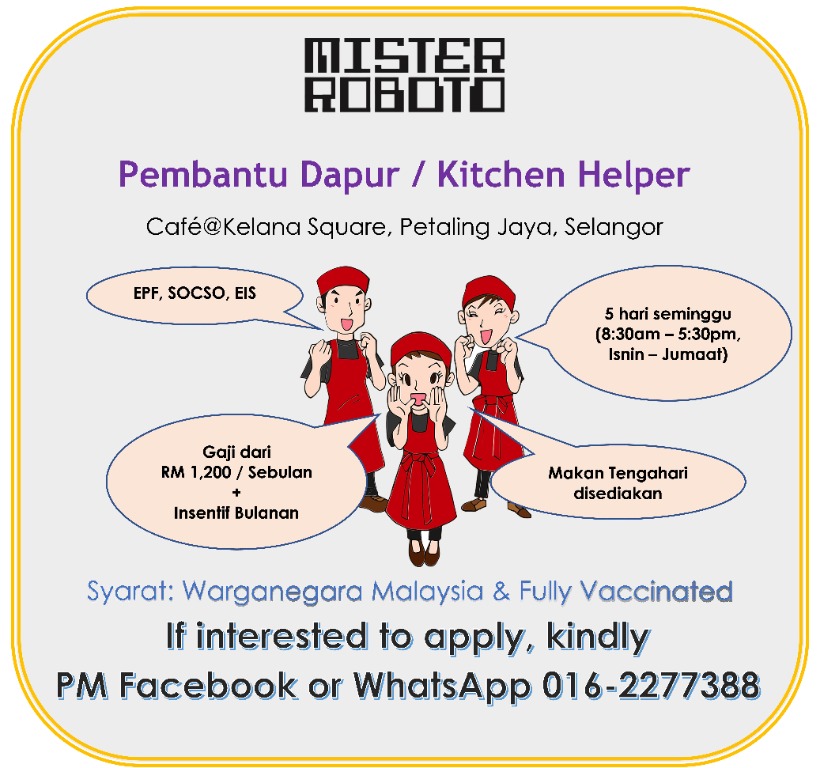 Pembantu Dapur Kitchen Staff Needed Jobs Full Time Hospitality F B On Carousell