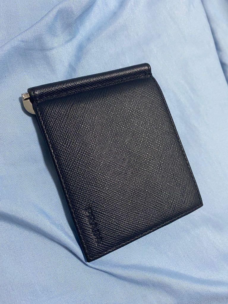 Authentic PRADA Money Clip Card Case Bifold Navy Leather 2MN077 #f00430