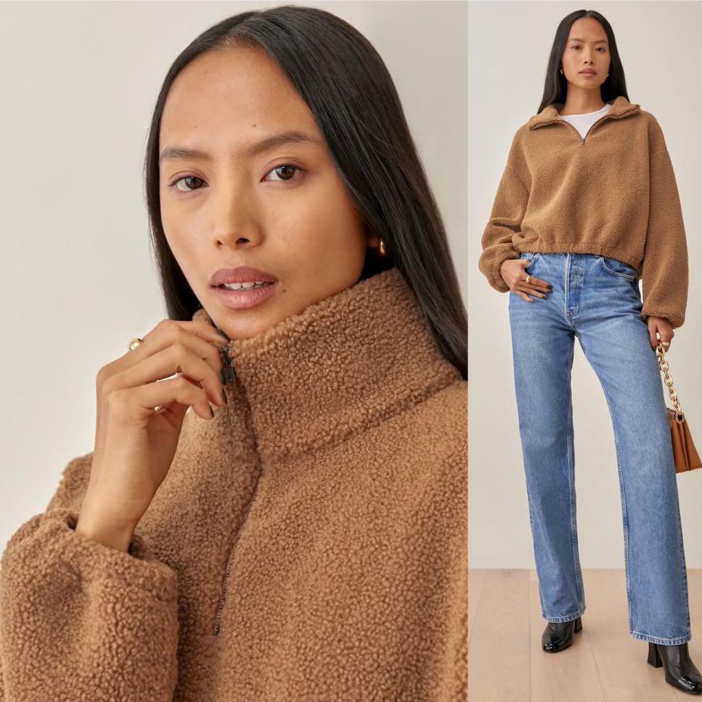 Reformation Bolton Zip Jacket Sweater Authentic in Camel Ivory