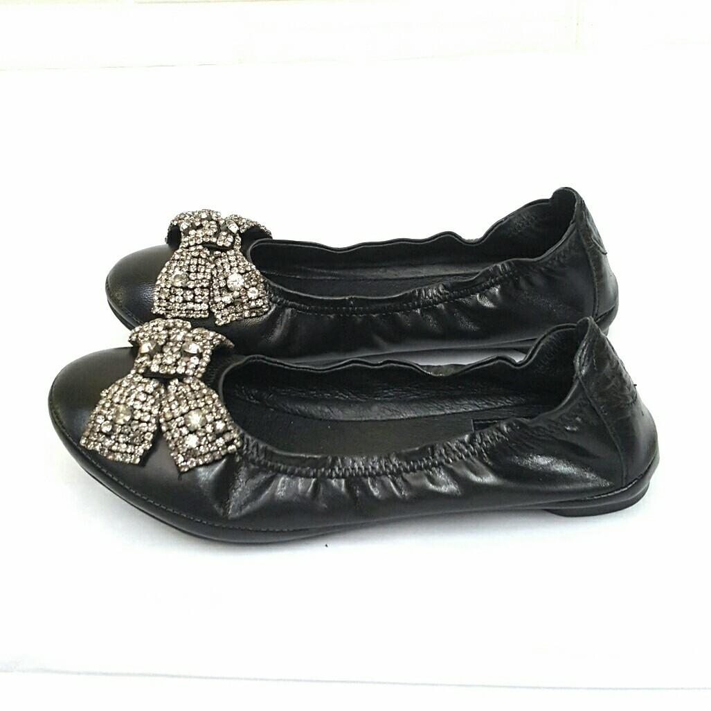 Tory Burch Black Leather Eddie Crystal Bow Ballet Flat Shoes