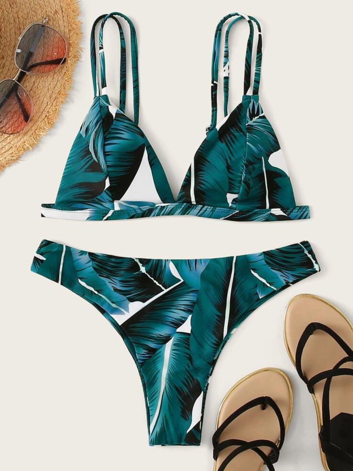 Tropical Patterned Triangle Covered Hipster High Waist Bikini Set main image 0