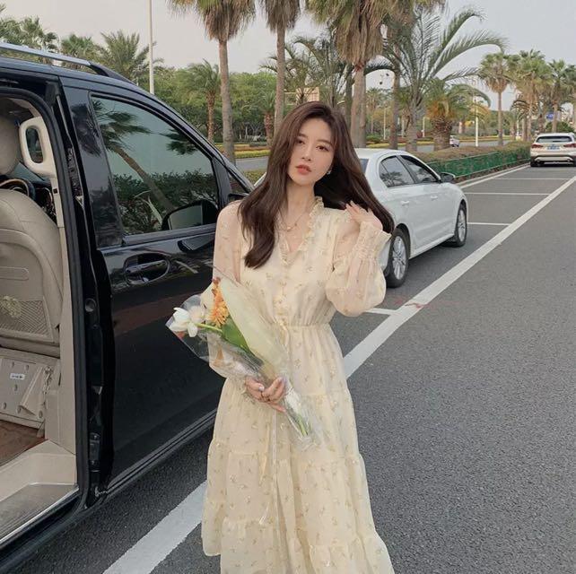 V neck Elegant Sweet Dress Women Long Sleeve Chiffon Floral Dress
