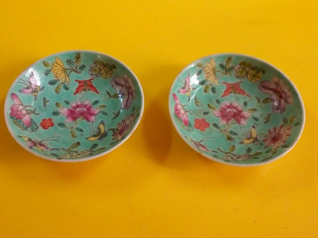 中国 清時代 大清光緒年製款 藍釉 蝶花文 彩絵 碗 一対 中国 清時代 大