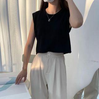 全新/ Halo購入 捲邊無袖微短版背心 深藍黑 #五倍