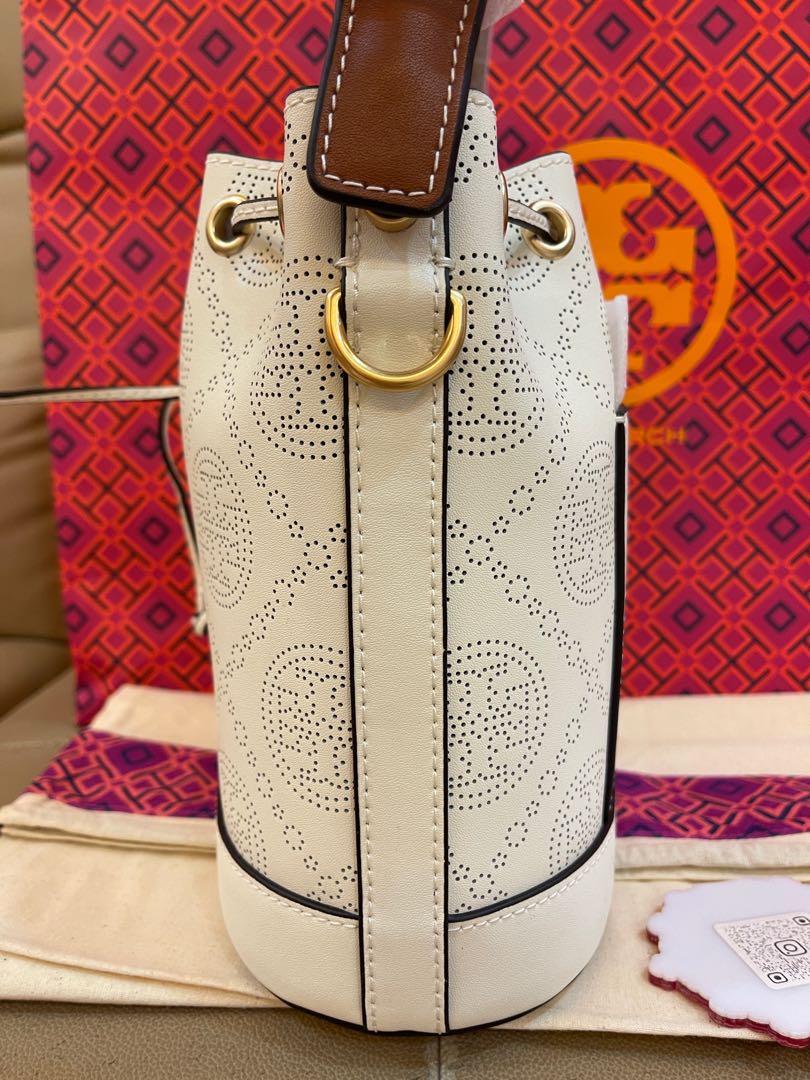 Tory Burch T Monogram Perforated Leather Bucket Bag New Ivory