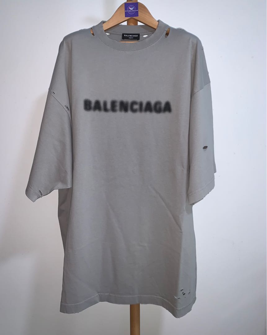 Balenciaga 2021 Blurry Logo Distressed T-Shirt - Grey Tops, Clothing -  BAL233136