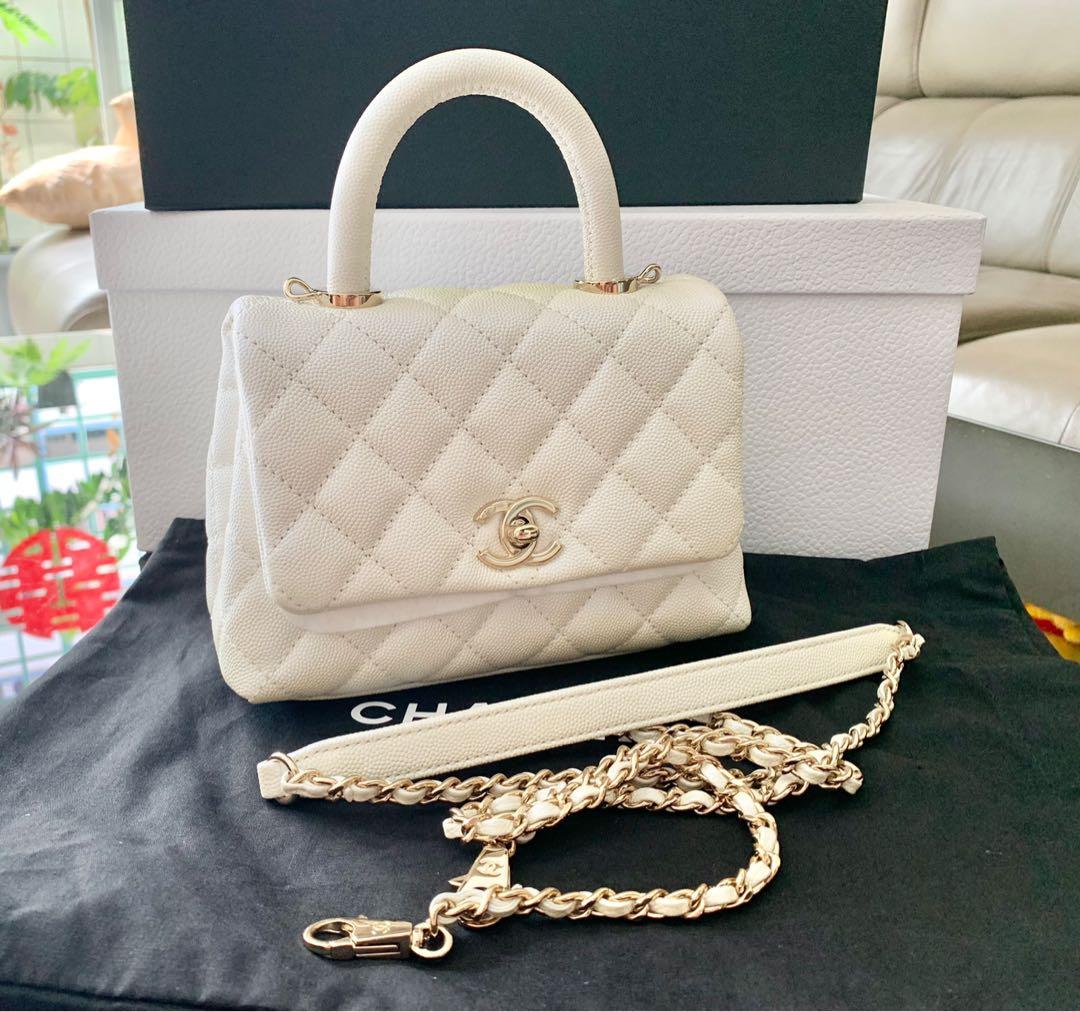 Chanel Coco Handle 20K Iridescent White Quilted Caviar with shiny light  gold hardware