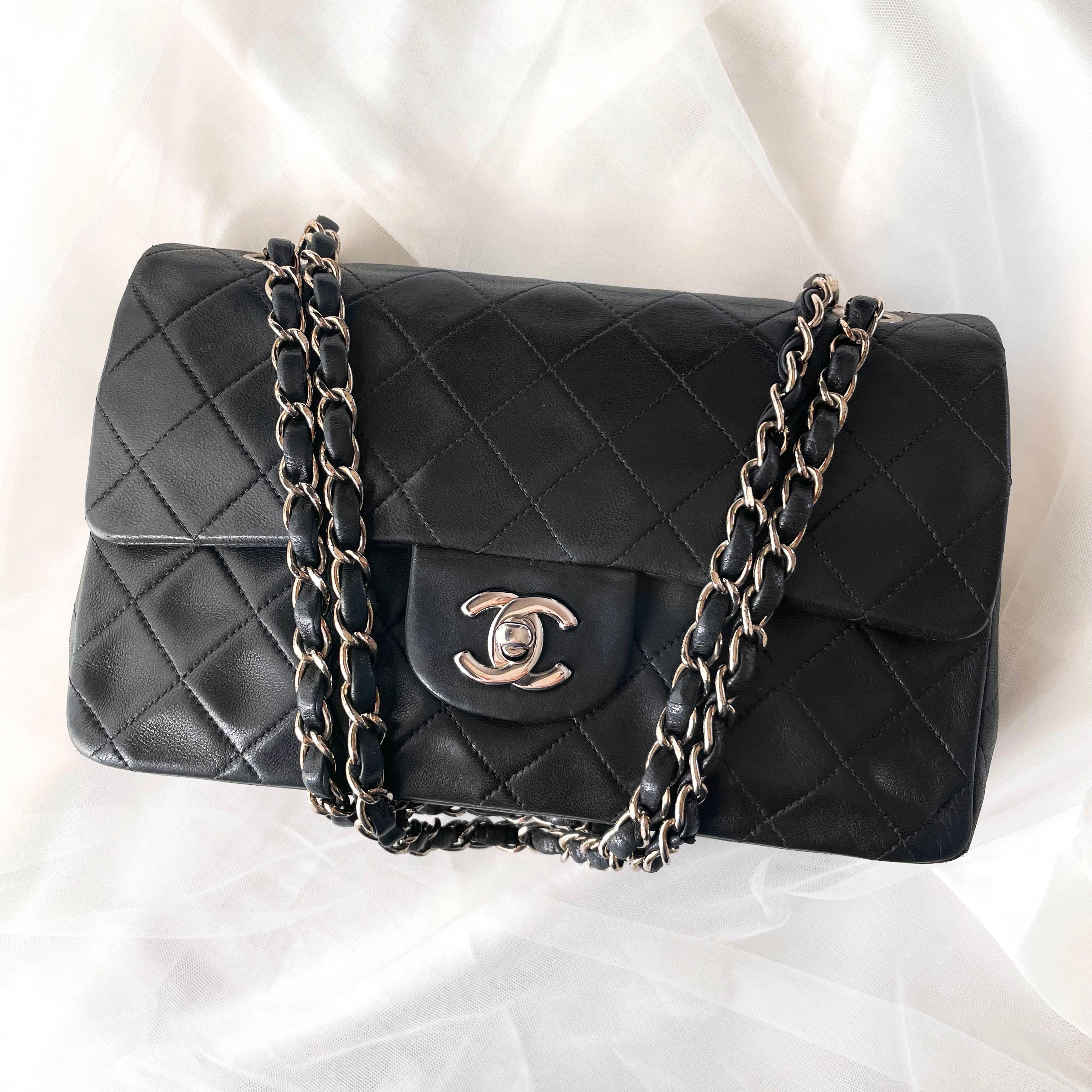 Chanel Vintage Classic Small Double Flap in Black Lambskin Silver Hardware,  Luxury, Bags & Wallets on Carousell