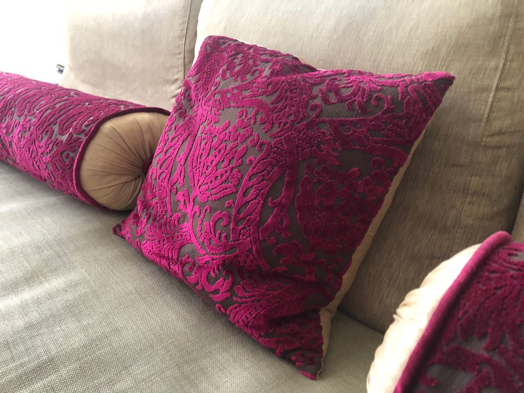 Fuchsia Velvet Cushion and pair of bolsters, Furniture & Home Living