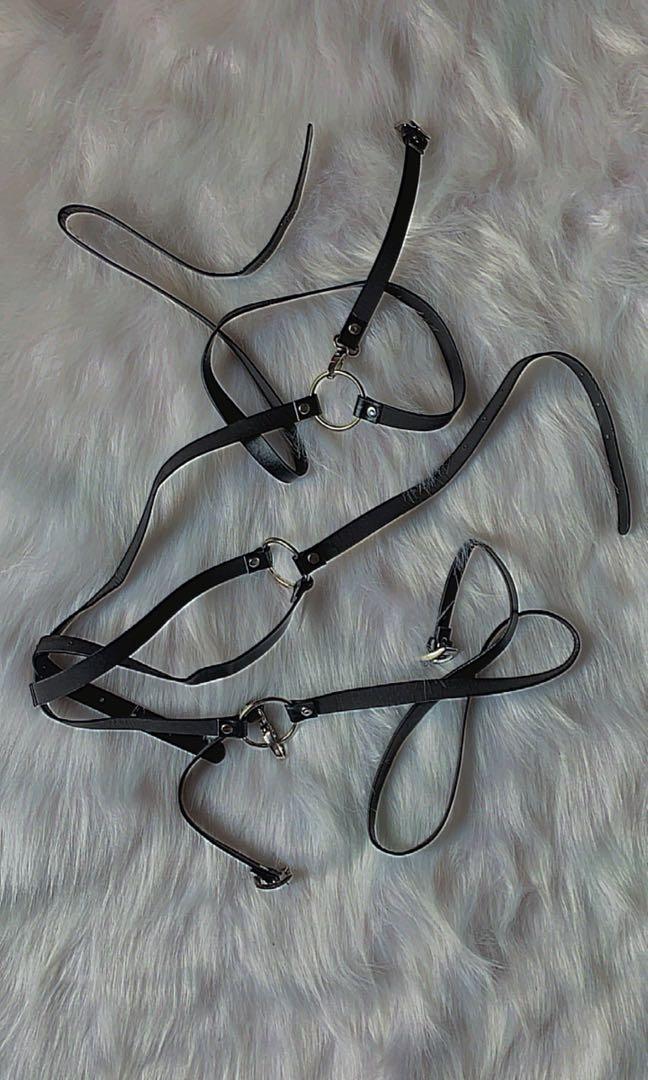 gothic leather harness (Category: Other Accessories) located in Antipolo. Submitted by stroberisof (Listing ID 1119267906, Image 2). Description: (second photo is actual photo) - adjustable - no flaws - only worn once helping tags: mall goth, harajuku goth, gothic, goth, alternative fashion, alt, o ring, body harness.