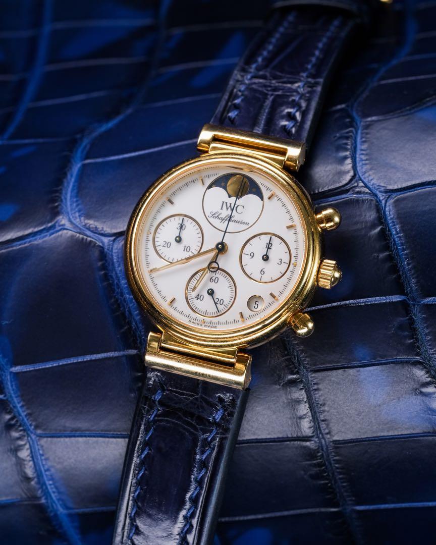 Handmade Handstitched Watch Strap In Navy Blue Crocodile Leather For Client s IWC Da Vinci Chronograph Gold Watch