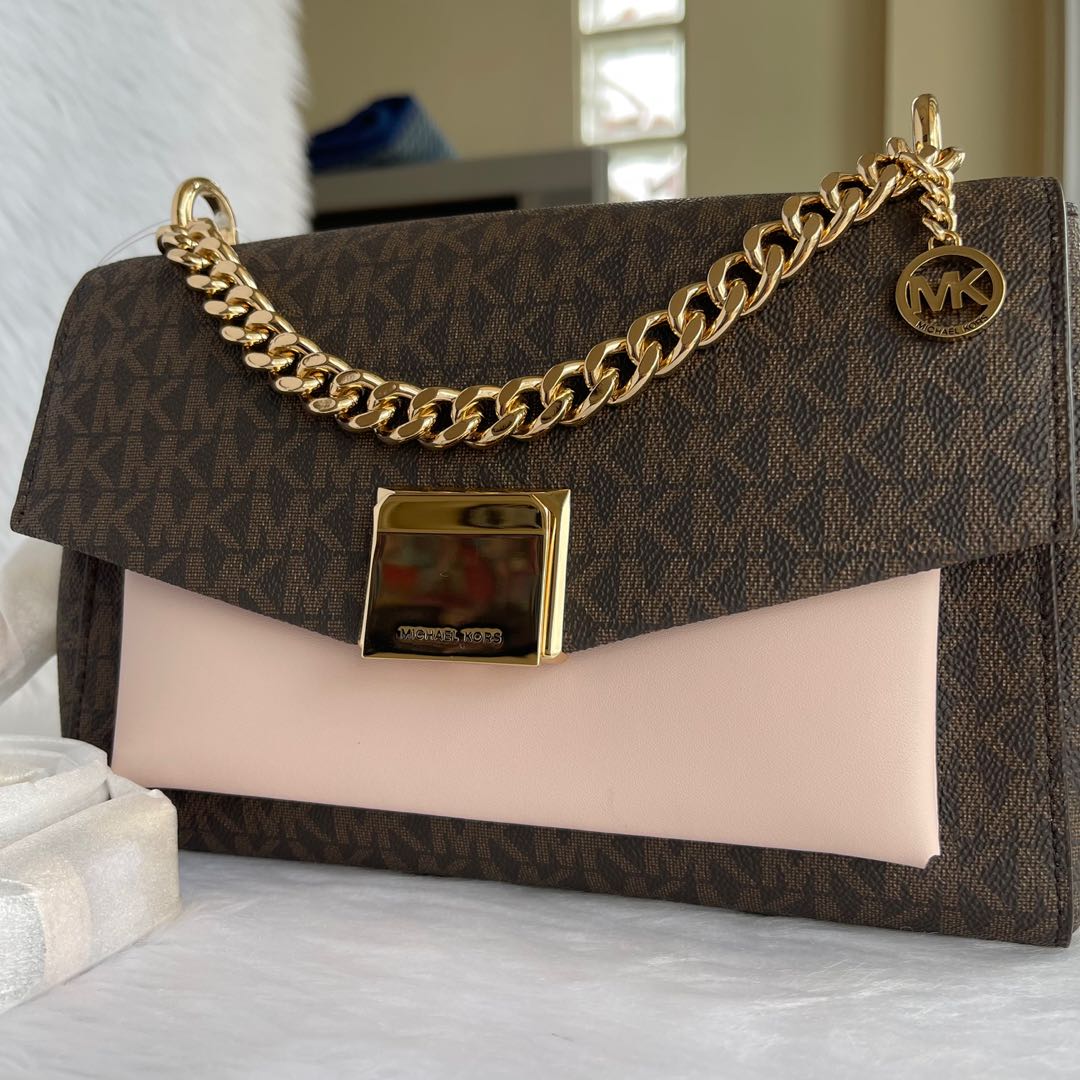 Michael Kors Lita Brown Pink Medium, Luxury, Bags & Wallets on Carousell