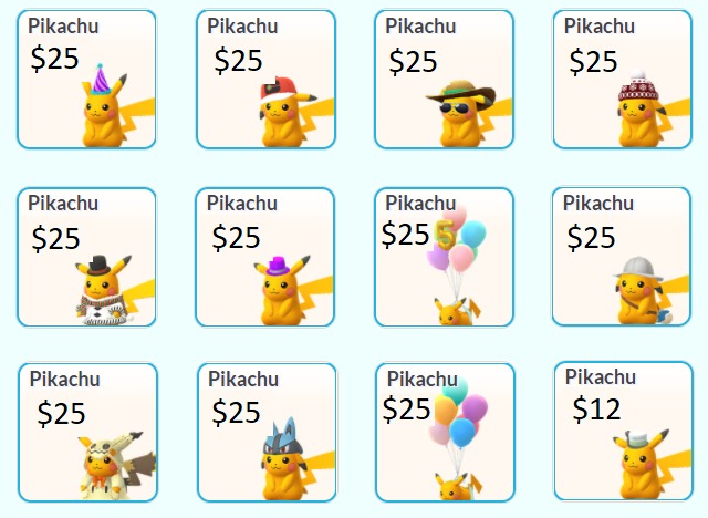 Shiny Costume Pikachu for Pokemon Go Choose One. Registered 