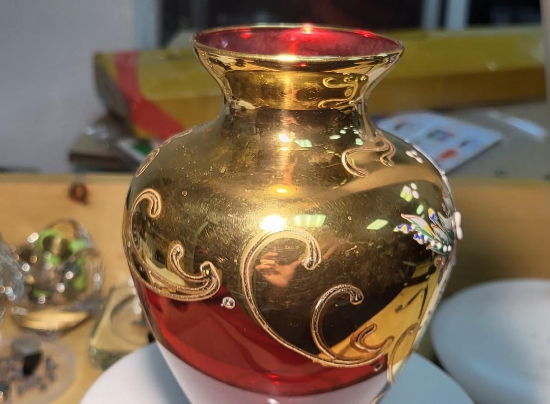 意大利製T.MURANO GLASS 24K鍍金小花瓶（高16cm）。, 傢俬＆家居, 家居 