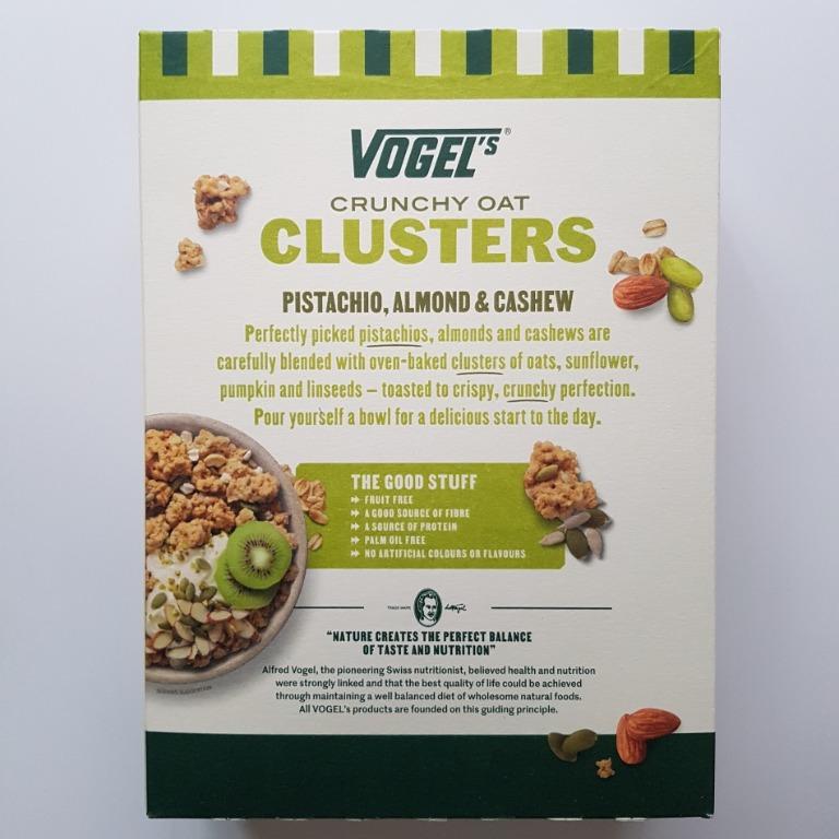 VOGEL'S CRUNCHY OAT CLUSTERS PISTACHIO, ALMOND AND CASHEW FRUIT FREE