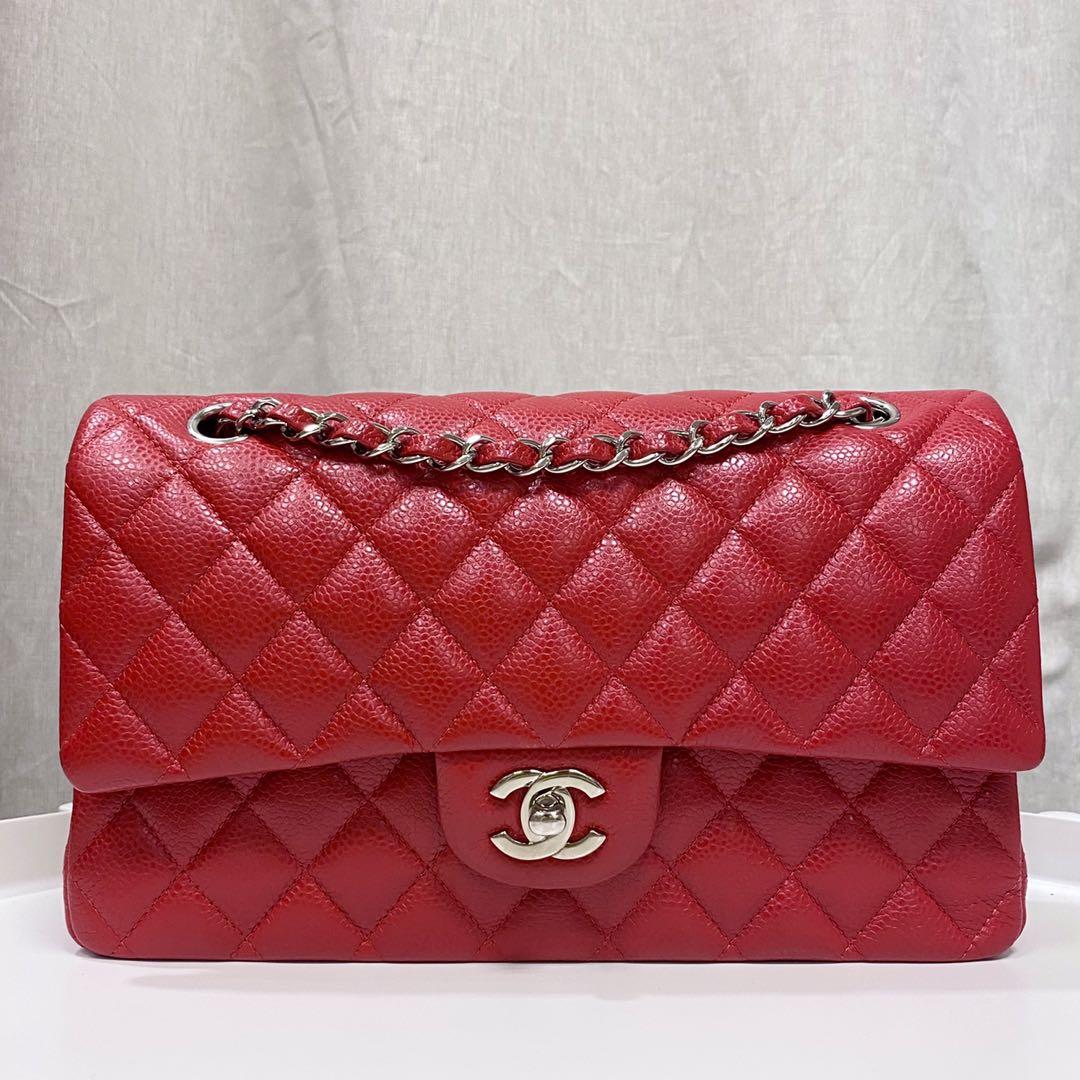 Authentic Chanel Red Medium Classic Flap bag in Caviar and Silver Hardware
