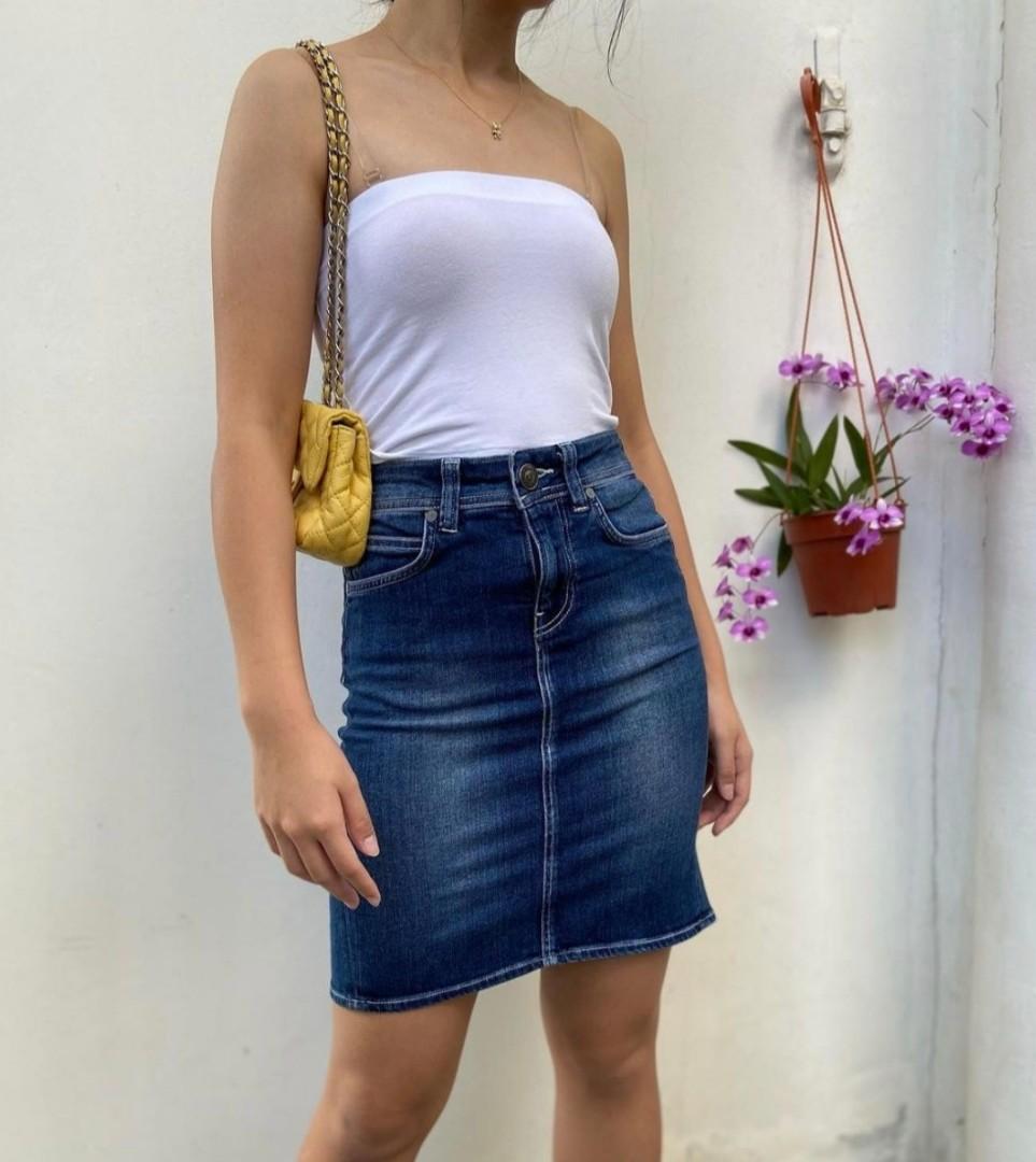 Tight denim midi skirt sale