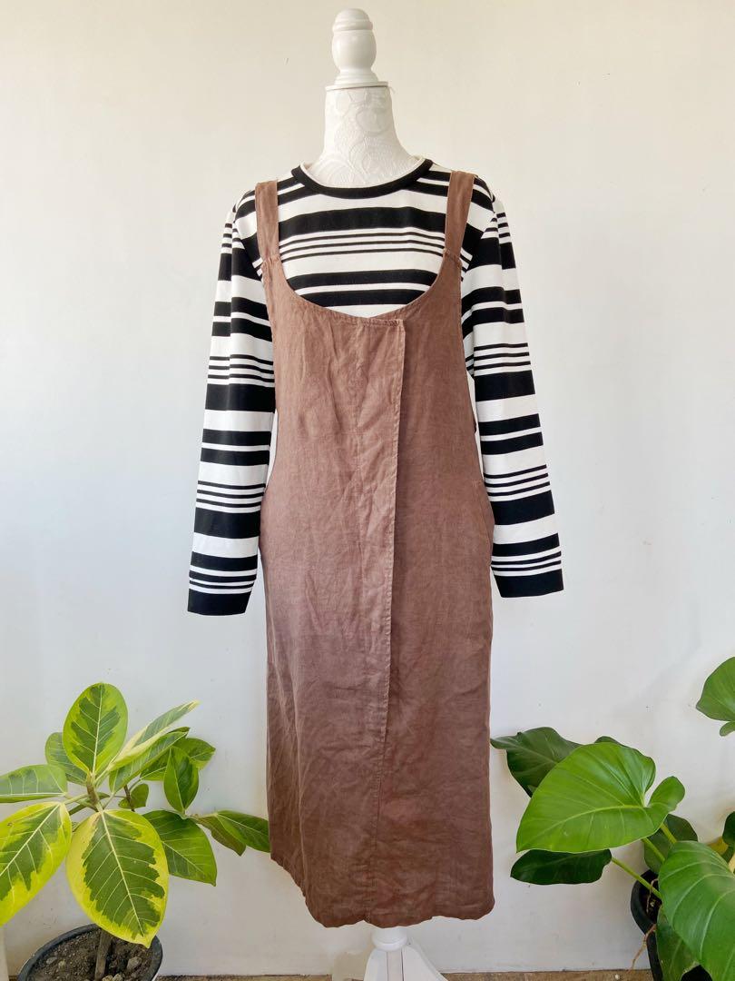 Brown linen jumper dress with black and 