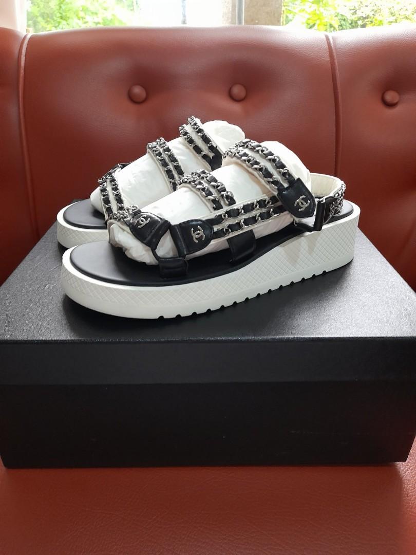 CHANEL White Cc Chain Logo Mule Strap Flat Teva Dad Sandals, Luxury,  Sneakers & Footwear on Carousell