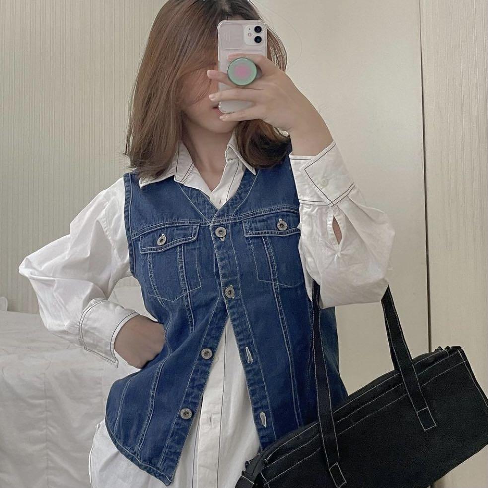 GAP denim jeans vest top, Fesyen Wanita 