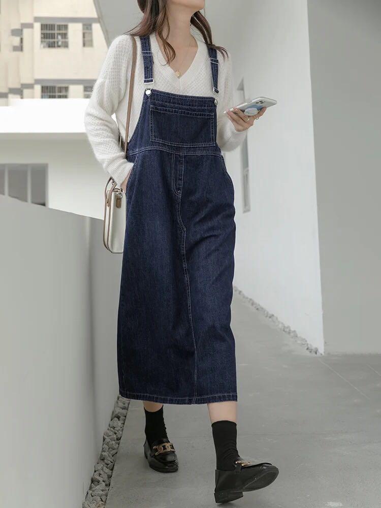 Maxi denim pinafore dress store