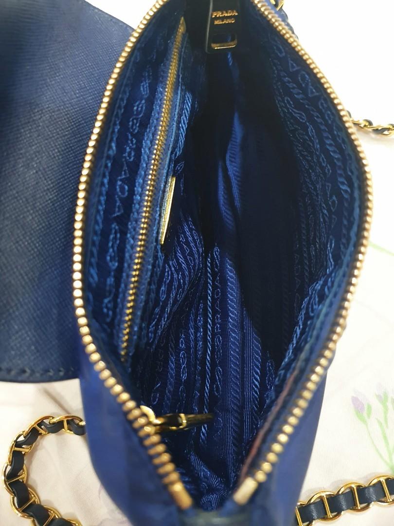 Prada Tessuto Saffiano Bandoliera Nylon Navy Blue Chain Sling Bag GHW,  Luxury, Bags & Wallets on Carousell