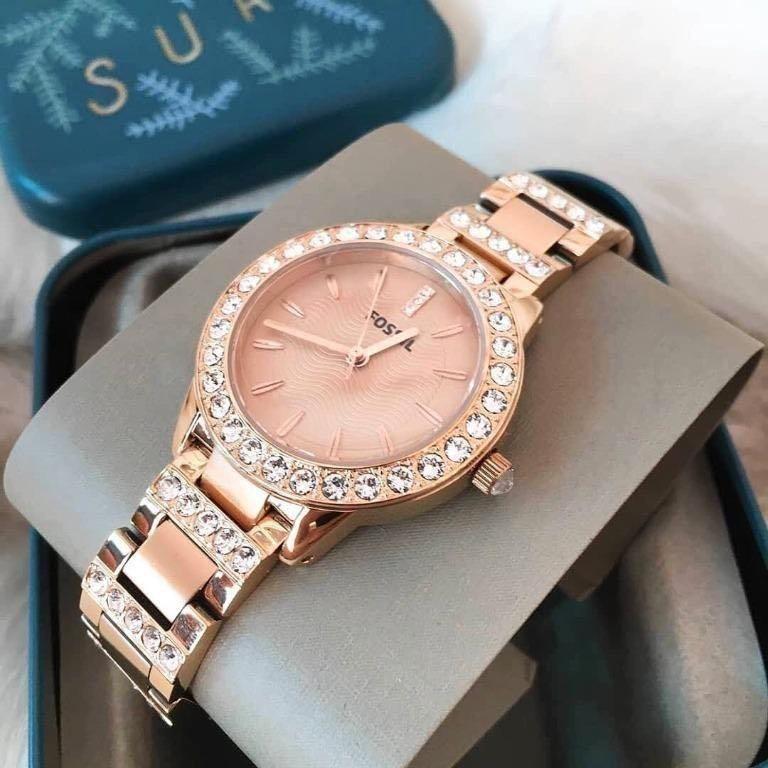 READY STOCK ORIGINAL FOSSIL JESSE CRYSTAL ROSEGOLD DIAL STEEL