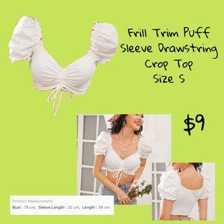 White Frill Trim Puff Sleeve Crop Top (SHEIN)