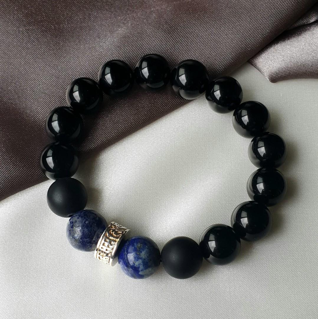 633 Black Obsidian Onyx and Lapis Lazuli with S925 Six Mantra Wheel Charm Crystal Bracelet