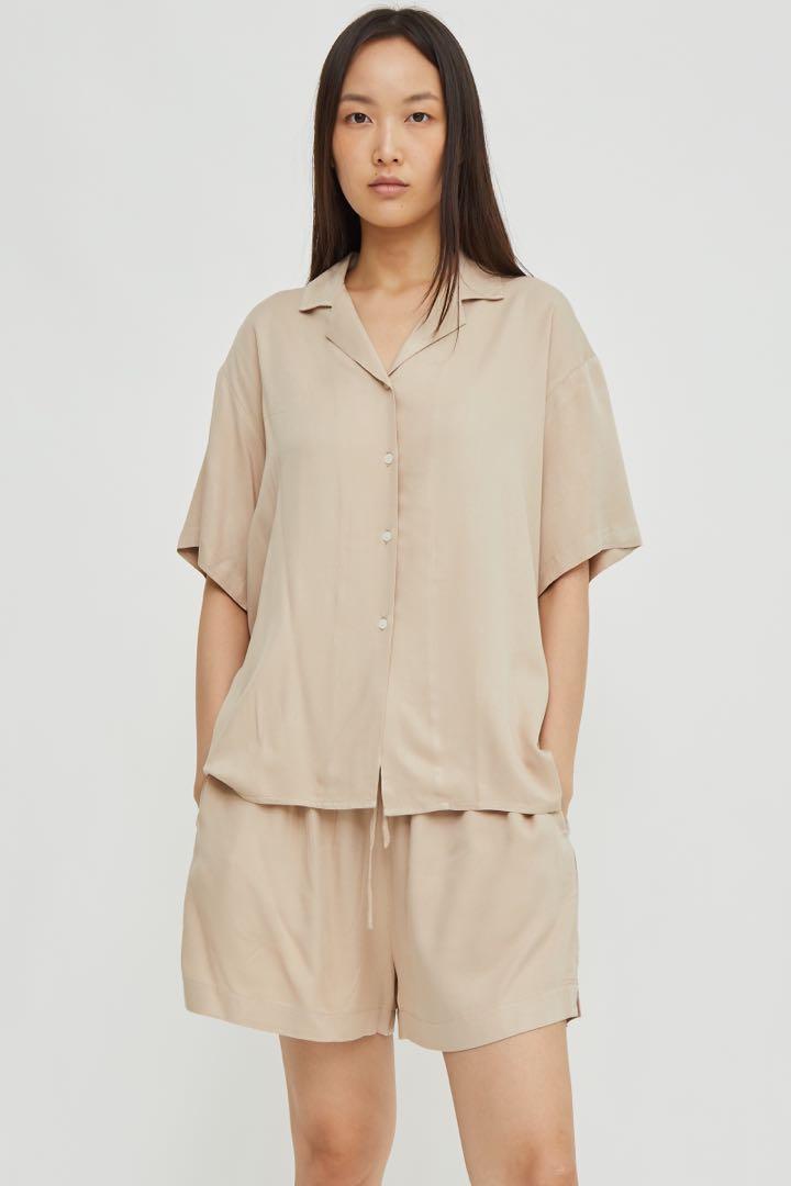 beige button down lounge shirt, Women's 