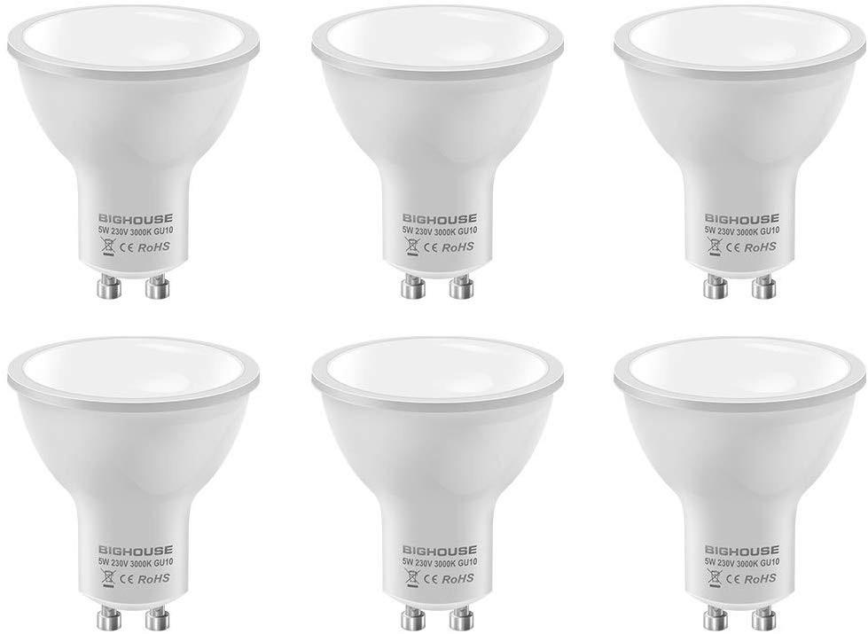 BIGHOUSE GU10 LED Light Bulbs 5W 400lm 3000k Warm White 50W Halogen Bulbs Equivalent 120 Beam Angle Pack of 6 Energy Class A Energy Class A Furniture Home Living Lighting