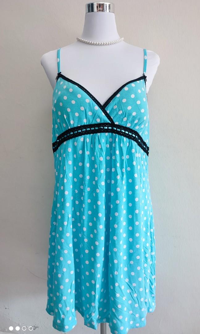 George Padded Babydoll Polkadot Turquoise Black Lace Negligee