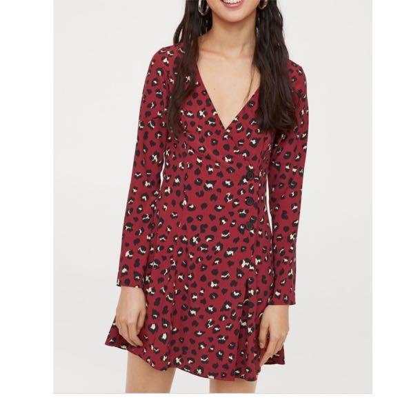 H M Red Maroon Leopard print Wrap Dress S 34 Women s Fashion