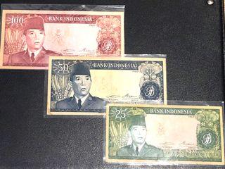 Indonesia 100 Rupiah & 50 Rupiah & 25 Rupiah 1960 issue (Soekarno / Sukarno series set)
