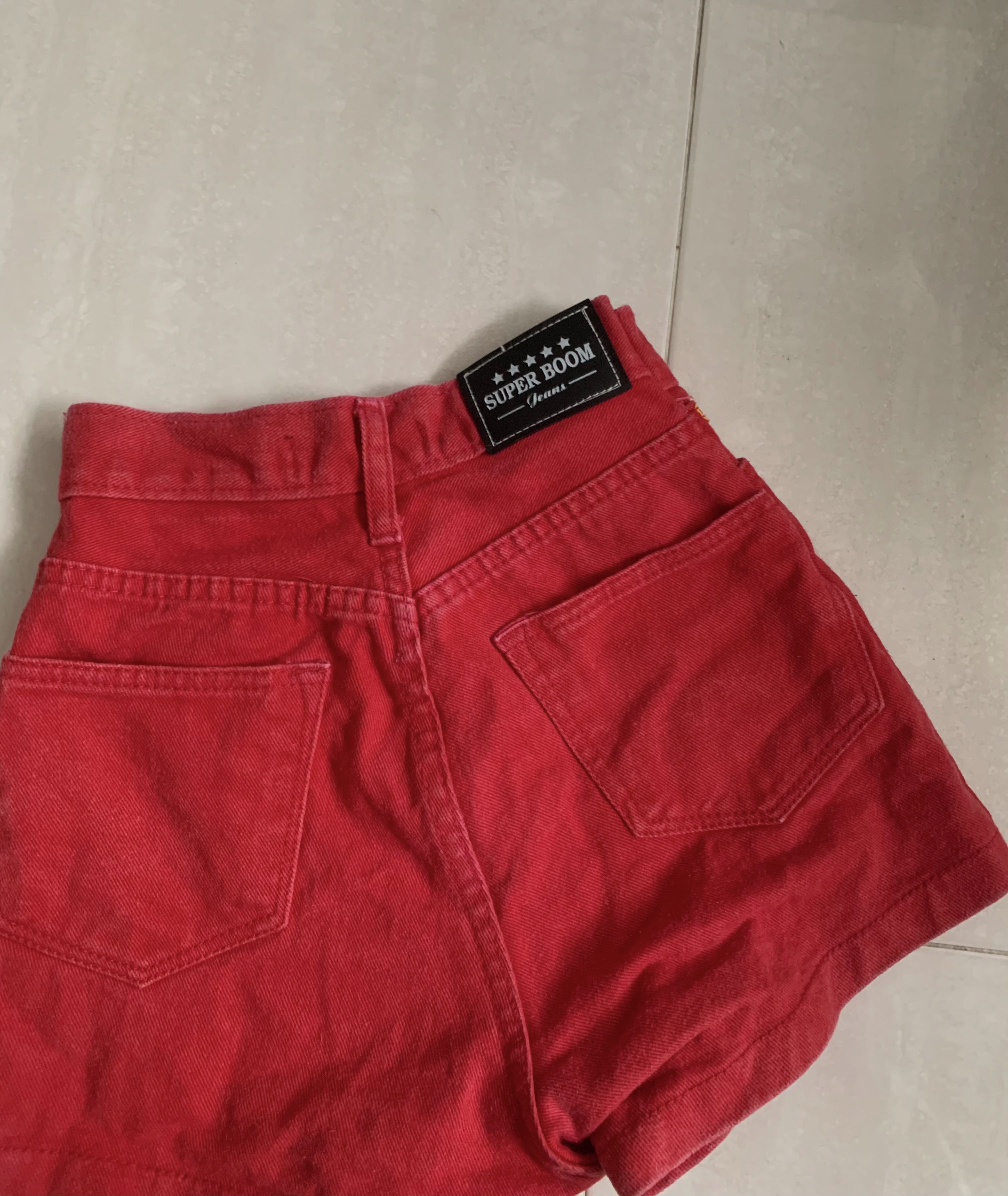 Red high discount waisted denim shorts