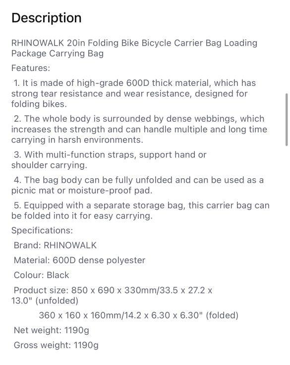 Rhinowalk Foldable Folding Foldie Bike Bicycle 20 inch Carrier Carry Bag ,  Sports Equipment, Bicycles & Parts, Parts & Accessories on Carousell